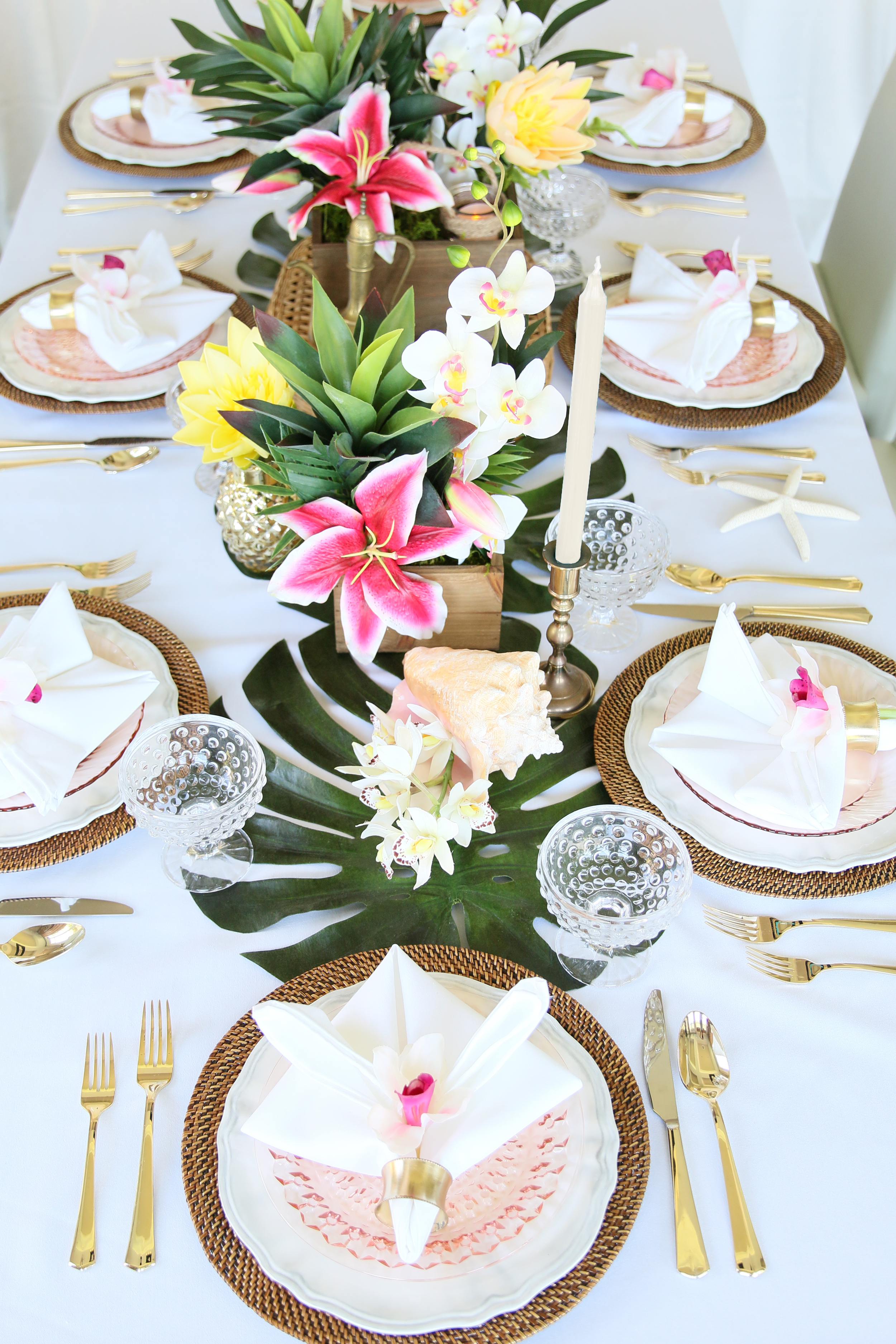 Copy of Palm leaves, tropical flowers, golden pineapples, wicker, seashells, & golden accents - Perfect for a baby shower, bridal shower, or birthday celebration! @inJOYtheParty