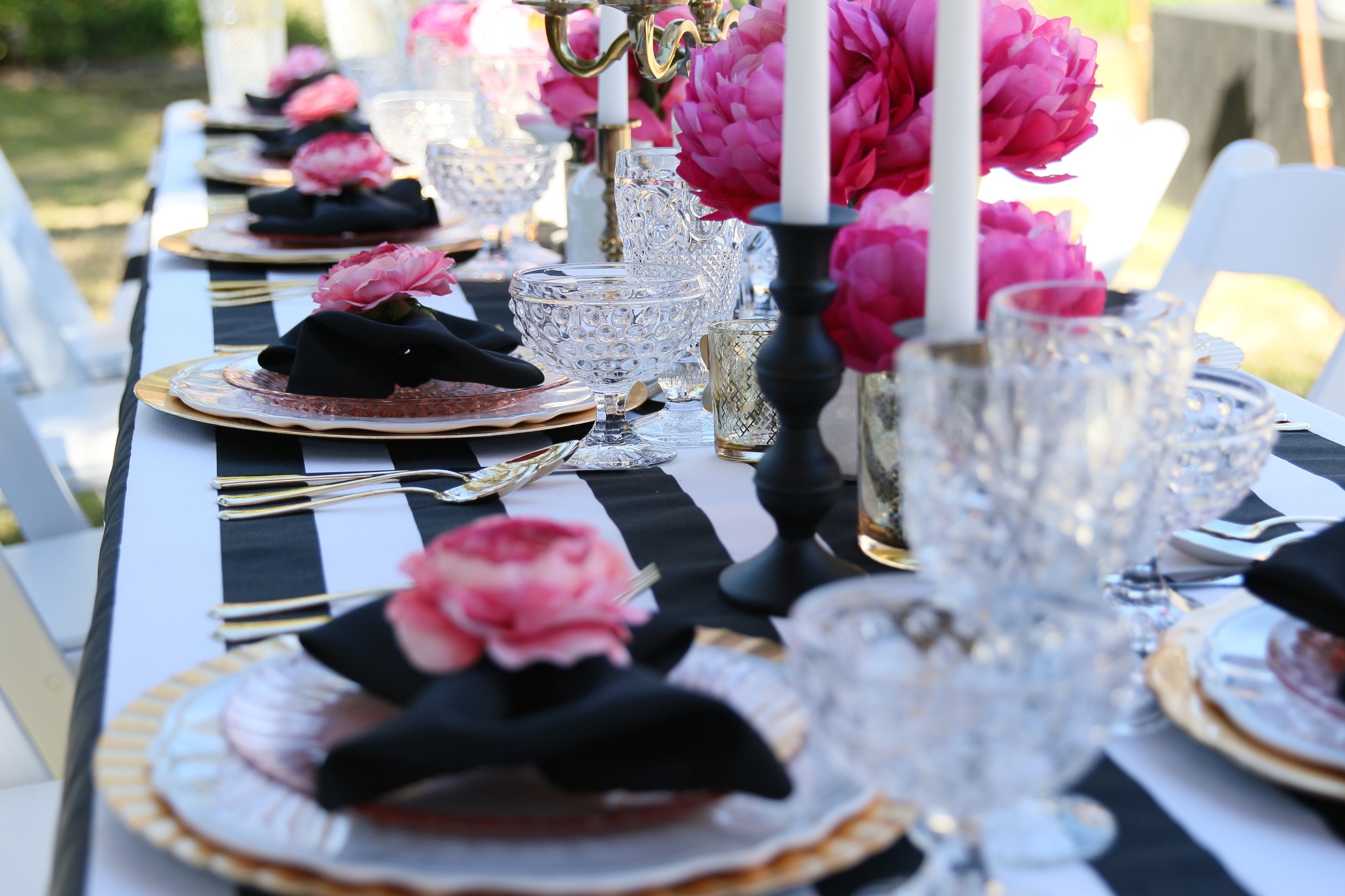 Copy of You'll want to find a reason to celebrate with our "Pink Please" Rental Collection! Everything here is prepackaged to rent! Black & White Stripes + Pink Peonies + gold accents = LOVE! @inJO...