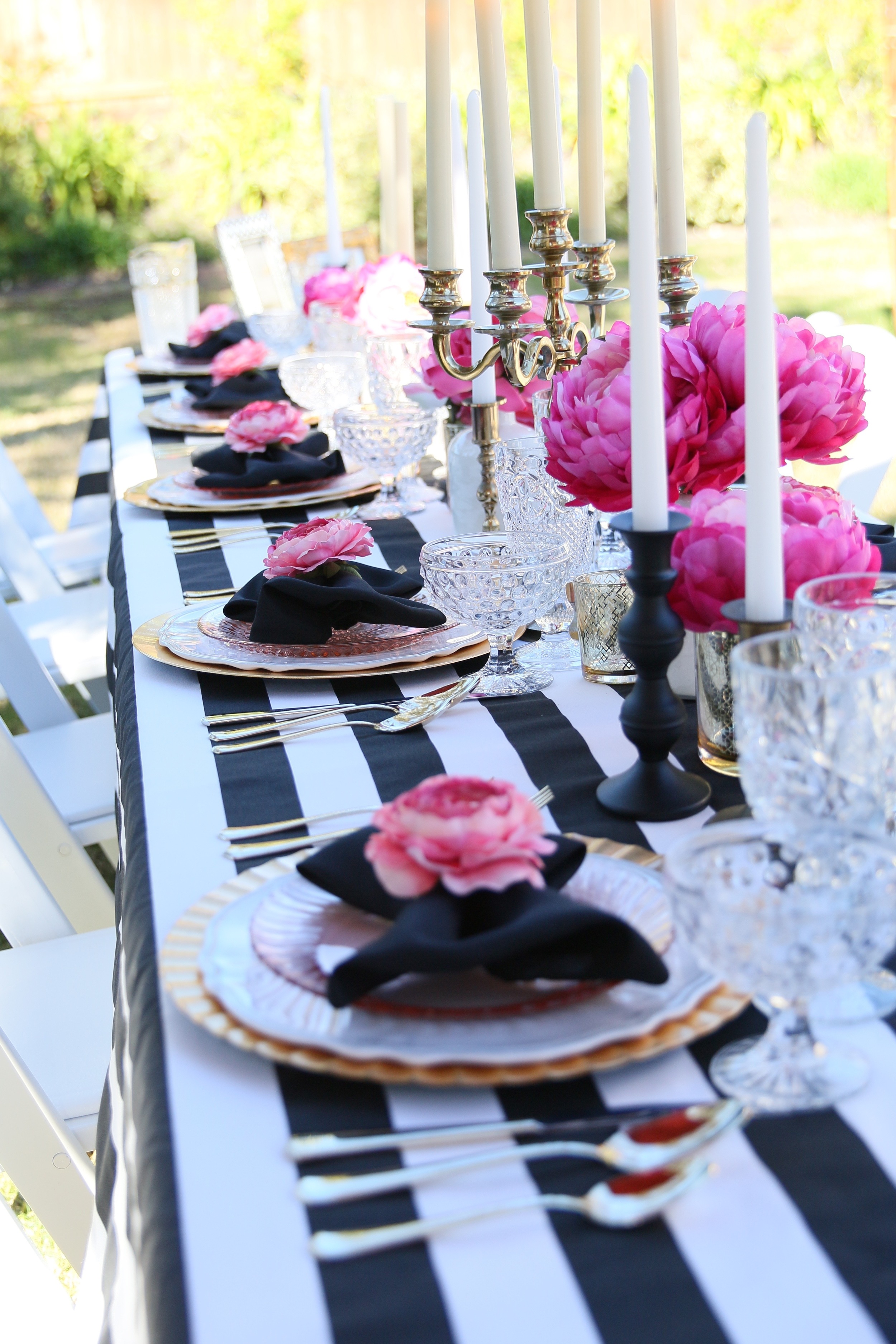 Copy of You'll want to find a reason to celebrate with our "Pink Please" Rental Collection! Everything here is prepackaged to rent! Black & White Stripes + Pink Peonies + gold accents = LOVE! @inJO...