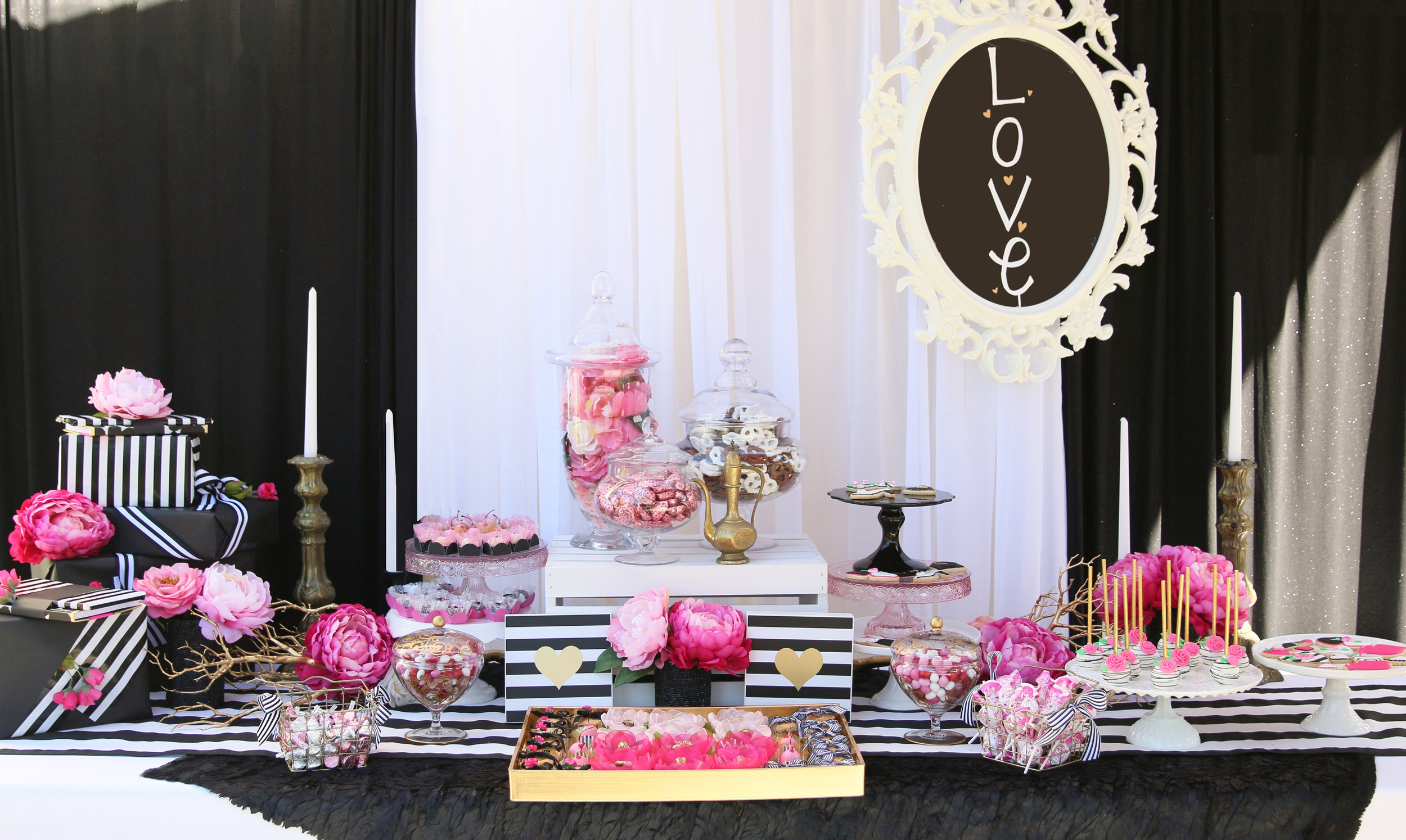 Copy of You'll want to find a reason to celebrate with our "Pink Please" Collection! Everything in this collection is prepackaged to rent! Black & White Stripes, Gold accents, & Pink Peonies! @inJO...