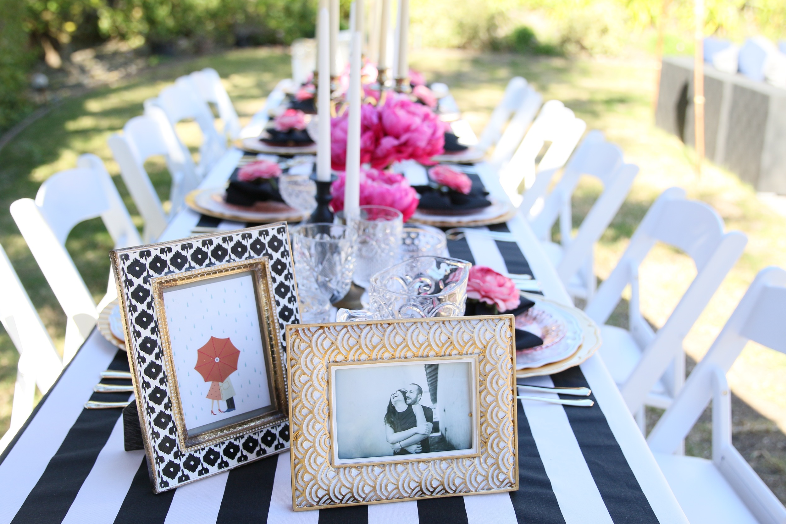 Copy of You'll want to find a reason to celebrate with our "Pink Please" Rental Collection! Everything here is prepackaged to rent! Black & White Stripes + Pink Peonies + gold accents = LOVE! @inJO...