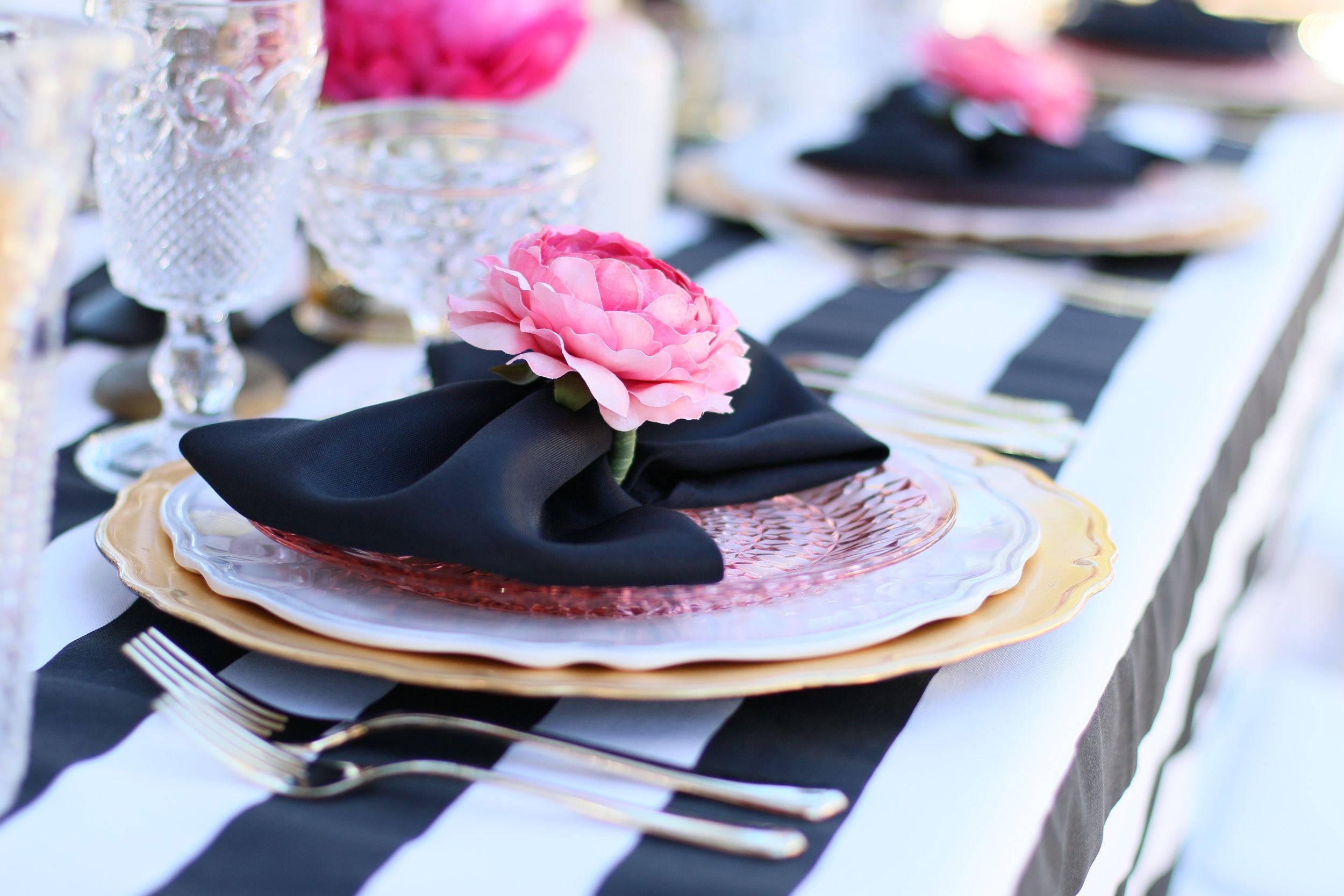 Copy of You'll want to find a reason to celebrate with our "Pink Please" Rental Collection! Everything here is prepackaged to rent! Black & White Stripes + Pink Peonies + gold accents = LOVE! @inJO...