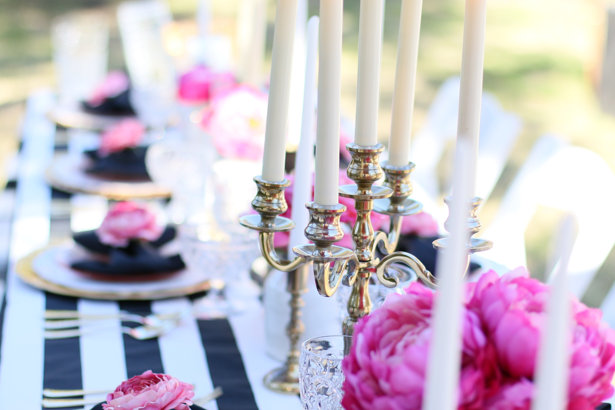 Copy of You'll want to find a reason to celebrate with our "Pink Please" Rental Collection! Everything here is prepackaged to rent! Black & White Stripes + Pink Peonies + gold accents = LOVE! @inJO...
