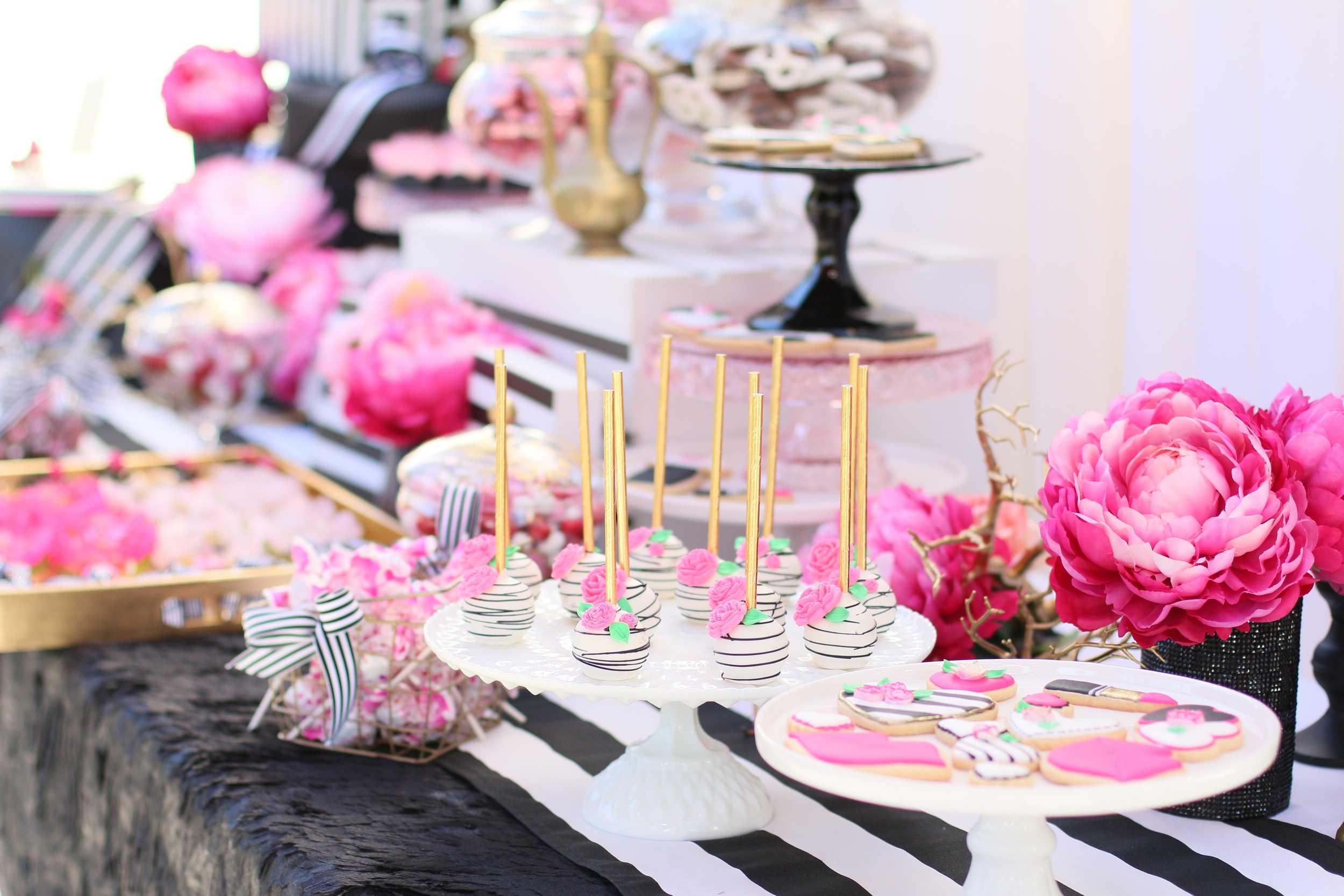 Copy of You'll want to find a reason to celebrate with our "Pink Please" Rental Collection! Everything here is prepackaged to rent! Black & White Stripes + Pink Peonies + gold accents = LOVE! @inJO...