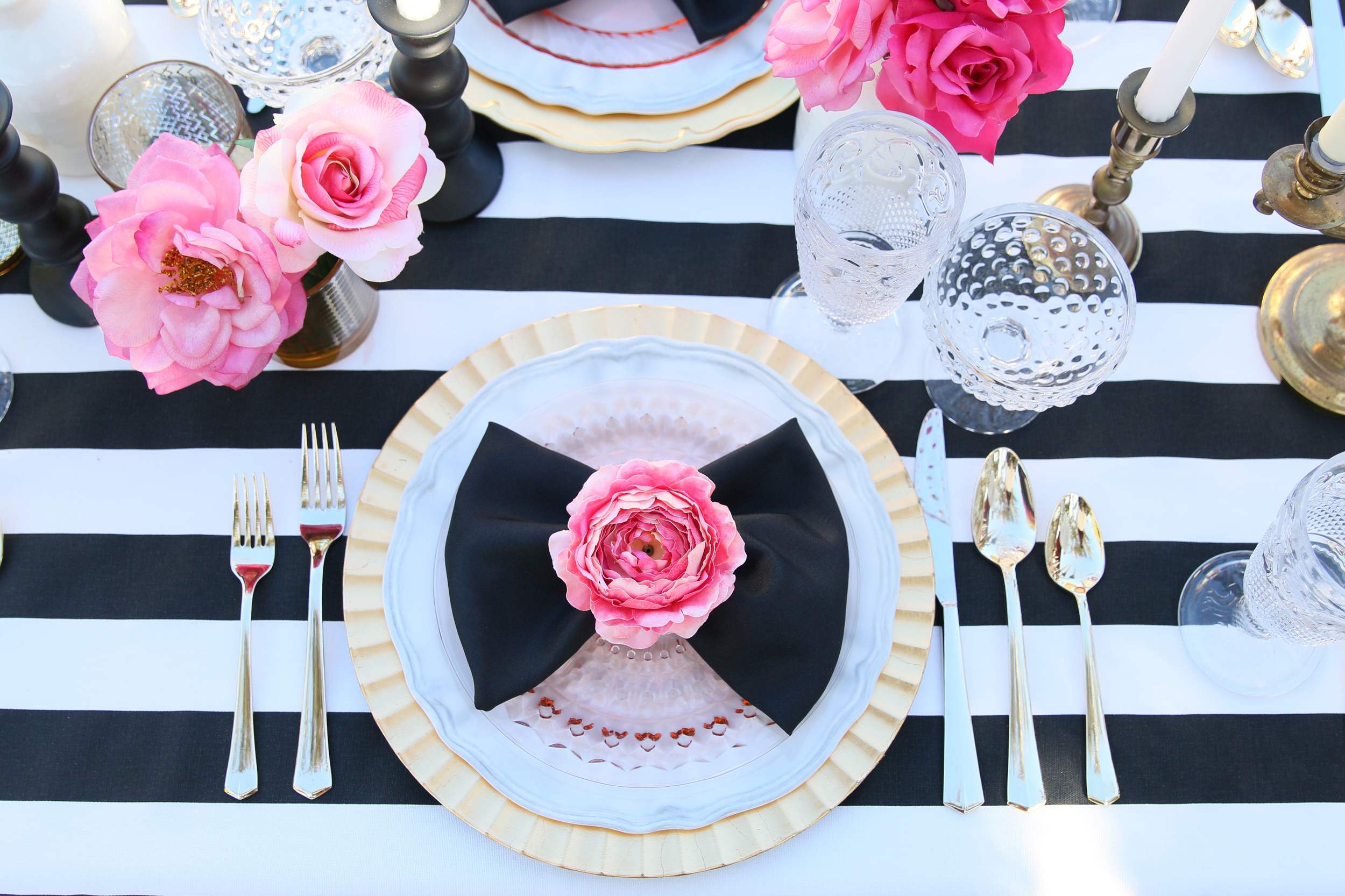 Copy of You'll want to find a reason to celebrate with our "Pink Please" Rental Collection! Everything here is prepackaged to rent! Black & White Stripes + Pink Peonies + gold accents = LOVE! @inJO...