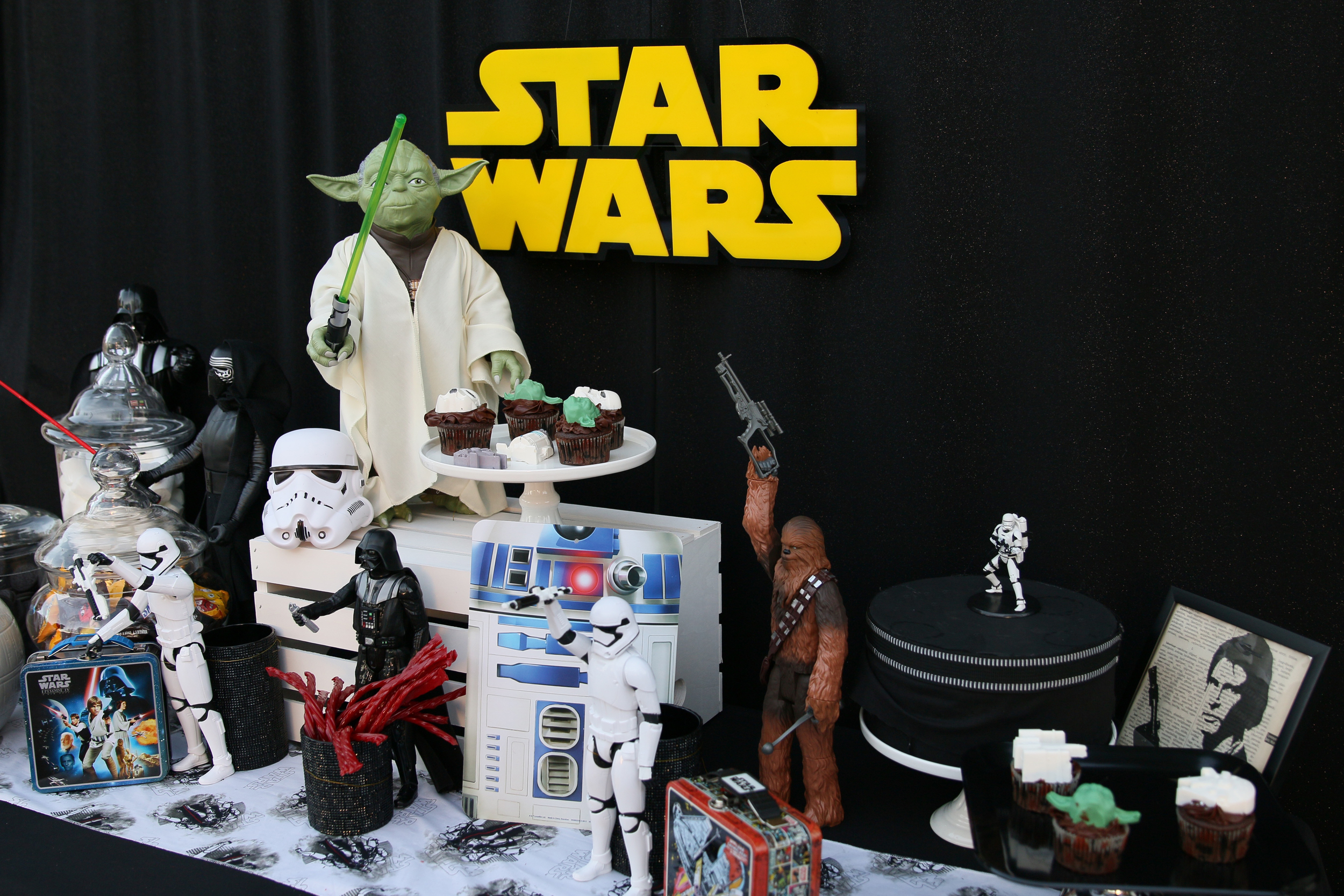 Copy of This Star Wars party rental collection will awaken the force in all party guests! Star Wars action figures, signage, linens, and centerpieces are all included to make your party planning si...