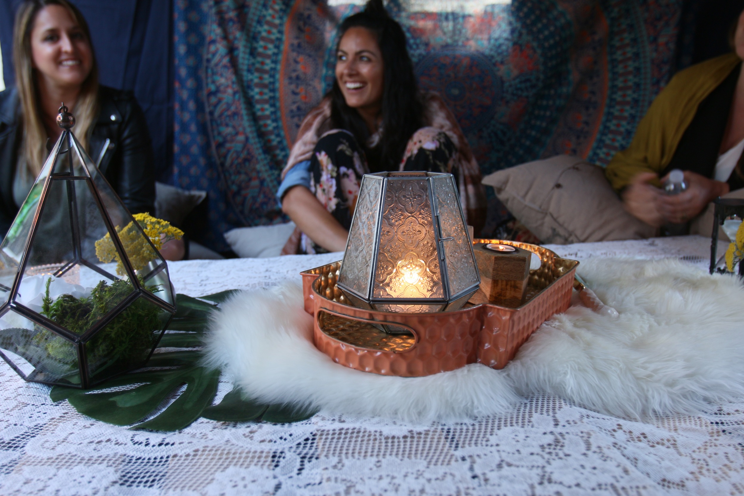 Copy of Low pallet tables, macramé & lace, geometric vessels, florals, textured rugs, colorful textiles, dream catchers, lanterns, candlelight…Basically a Bohemian dream. A curated collection for y...