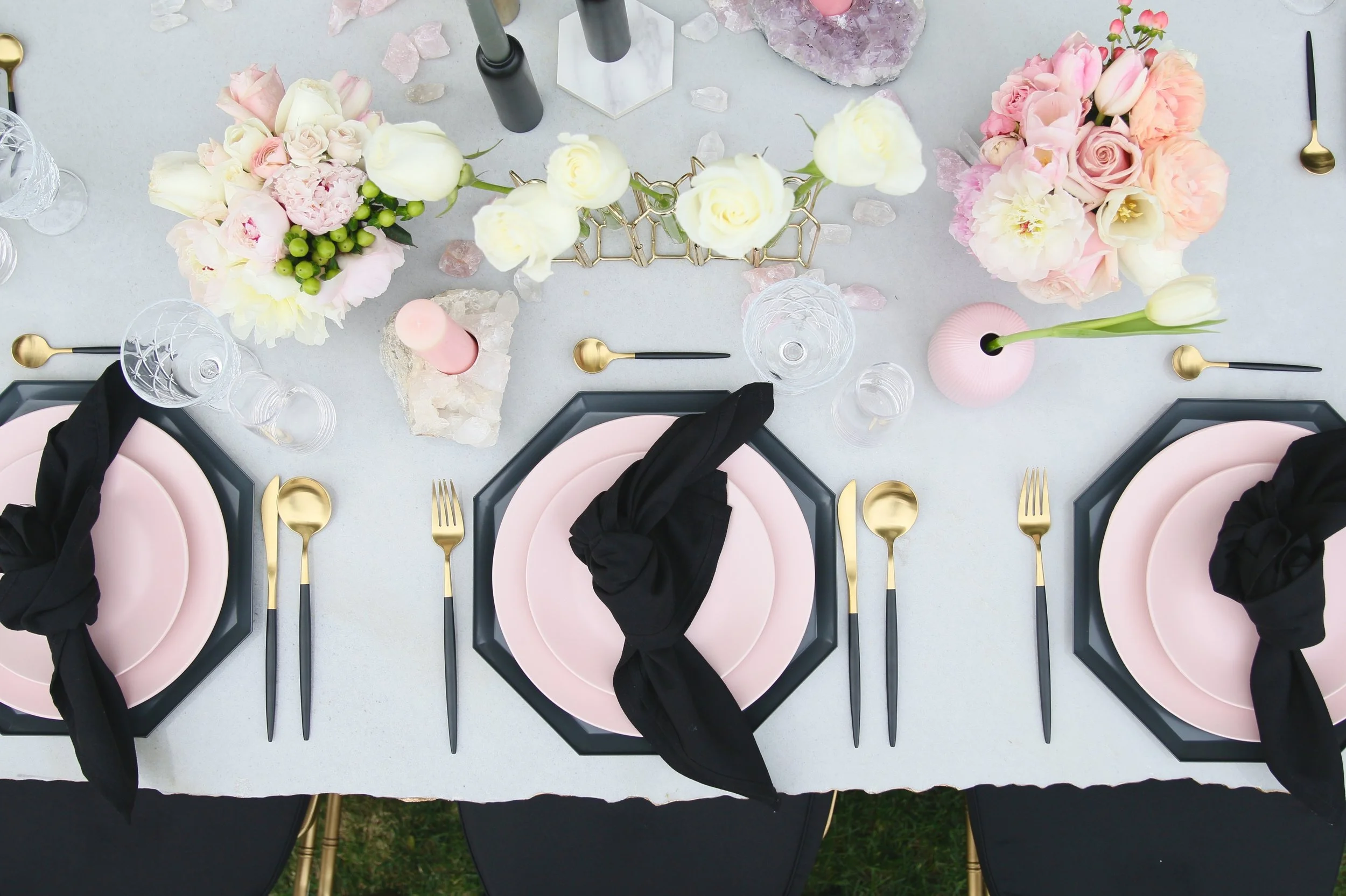 Geode is the new black! This modern gem inspired collection with luxe textures of marble, metal, and natural stone really pop in the high contrast color pallet of black, white, pink and gold.