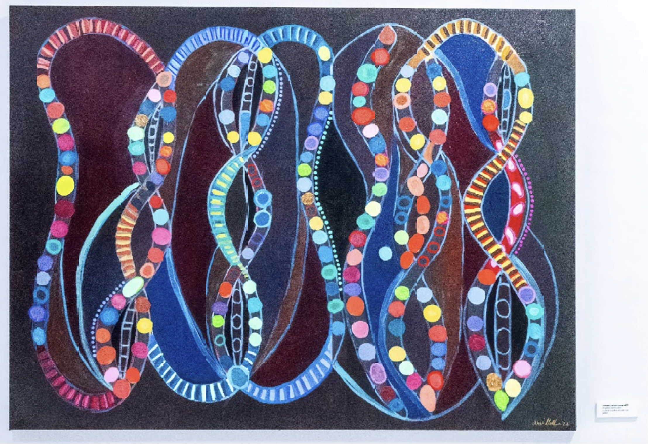 Colorful painting of lines and dots of various colors on a dark background