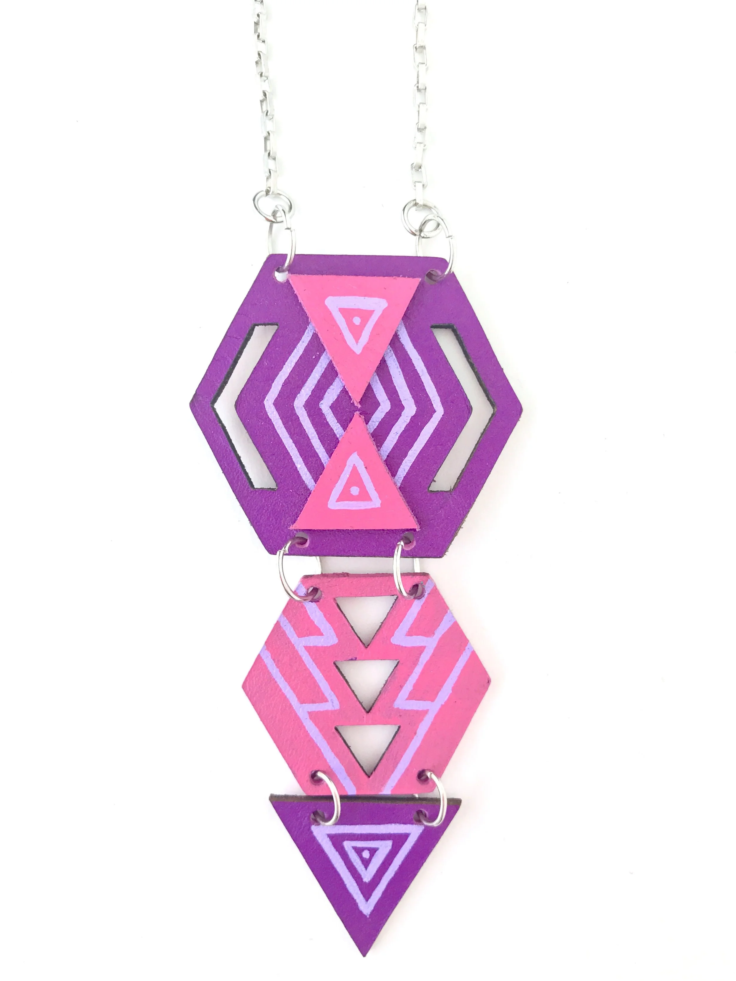 Hexa Drop Leather Necklace - Pink
