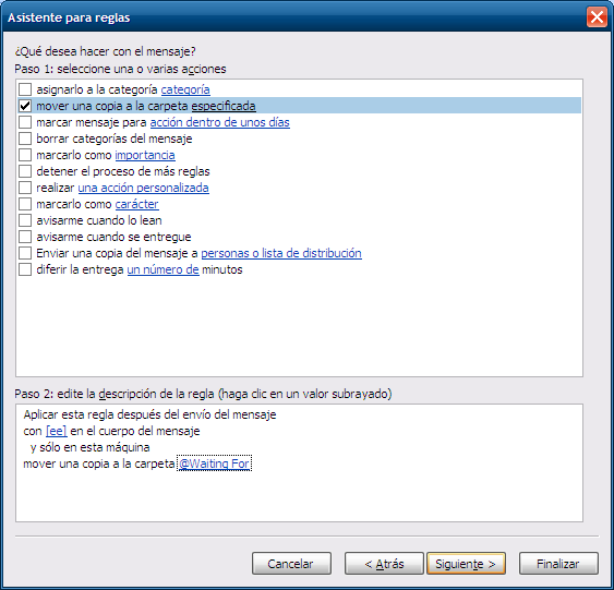 La regla para automatizar la lista de espera en Outlook
