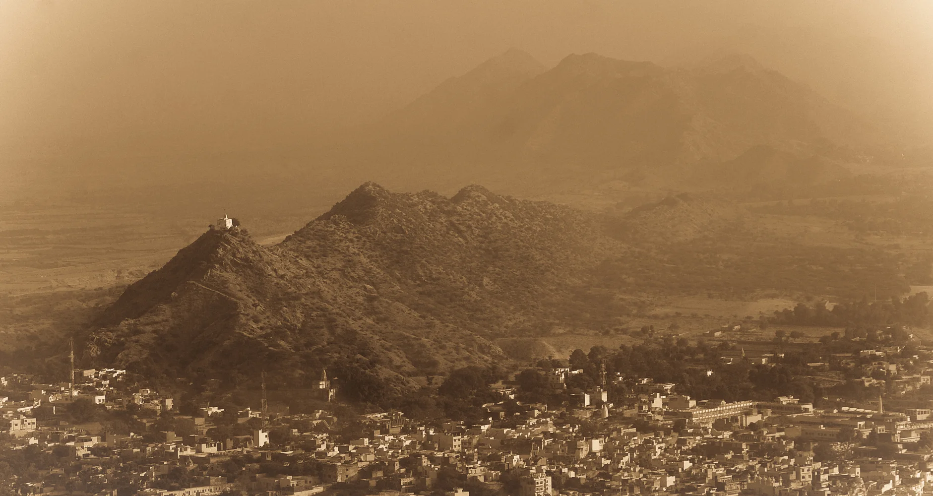 View from Savitri Temple, overlooking white Papmochani mata on the hill. Pushkar, India.