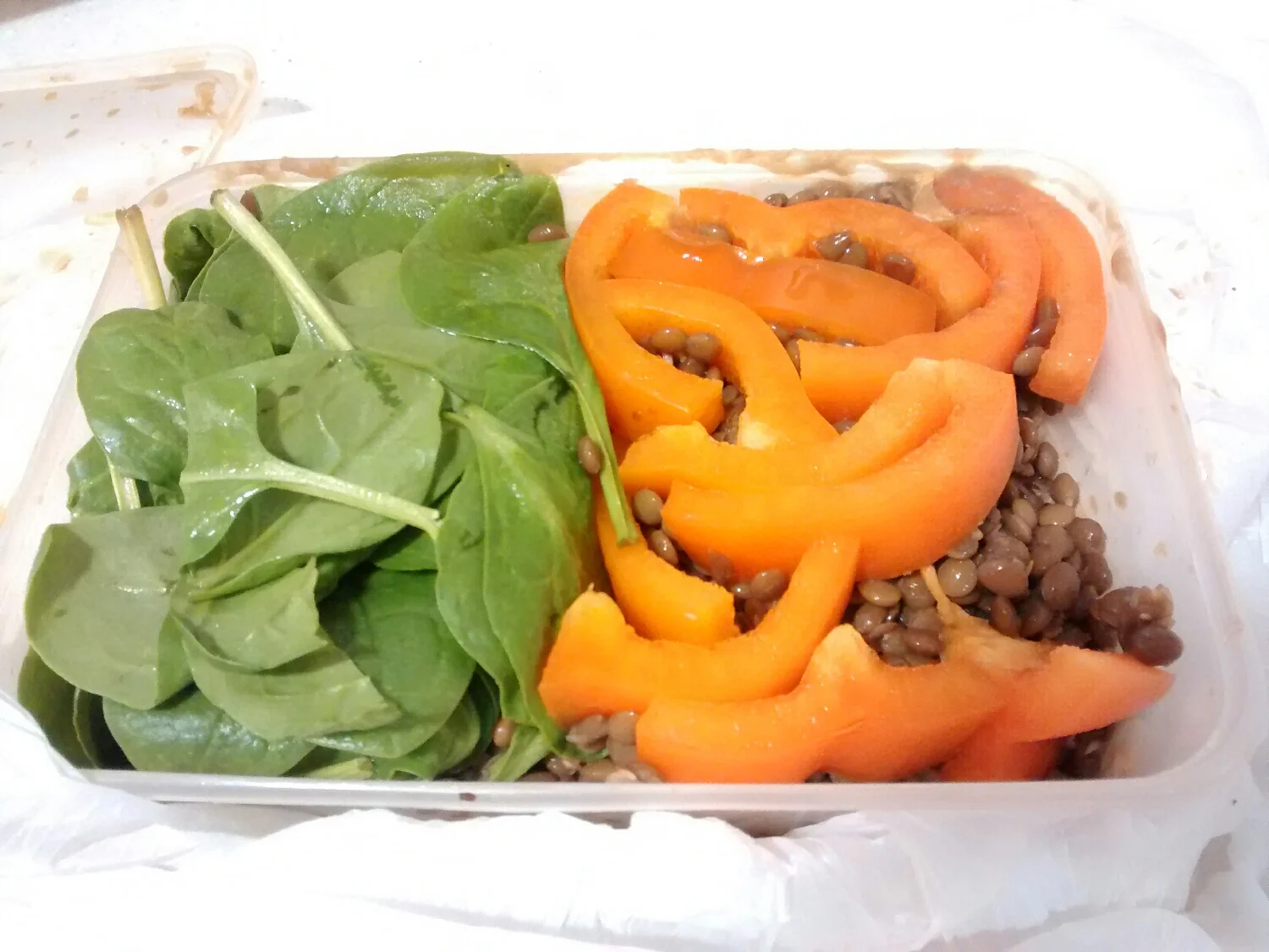 Soy Sauce on Brown Lentils, Spinach and Orange Sweet Pepper