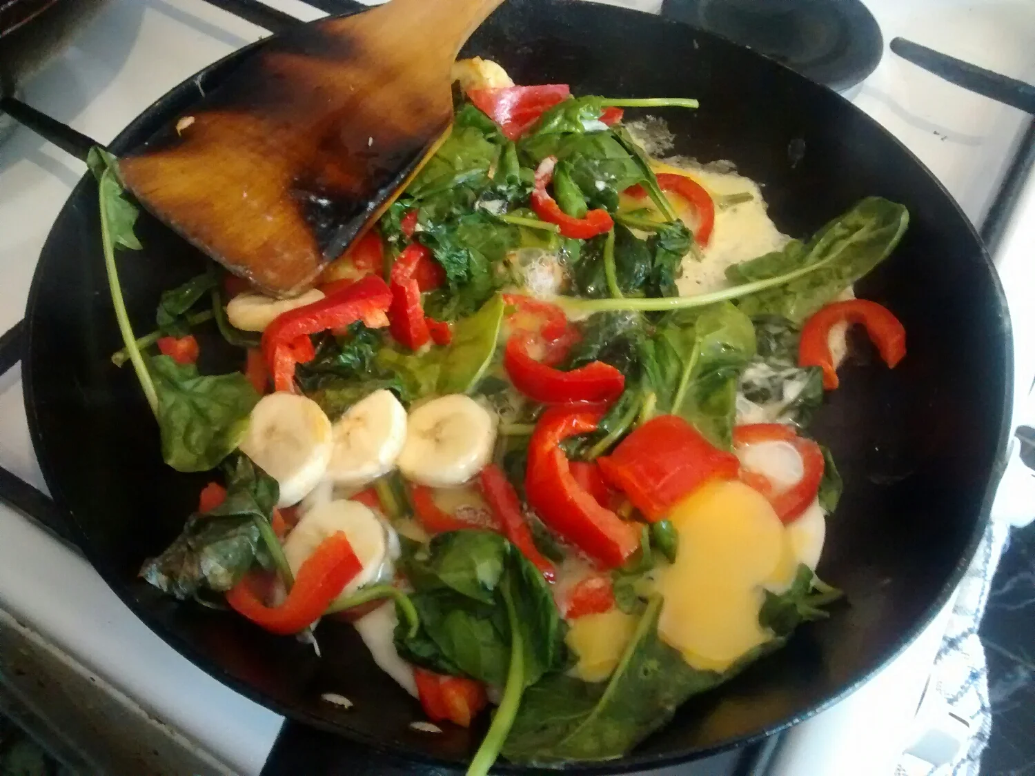 Egg fried with&nbsp;Tesco Finest Sweet Pointed Peppers and Banana, three handfuls of Spinach, two raw Carrots (out of shot)