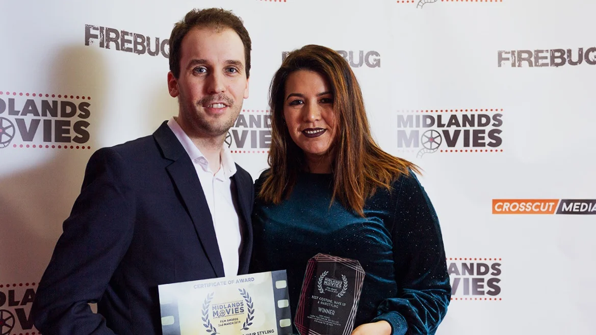 Director Christopher Bevan and Hair and Make Up Artist Monica Montalvo with the award for Best Costume, Make-Up and Hairstyling at the Midlands Movies Awards 2019