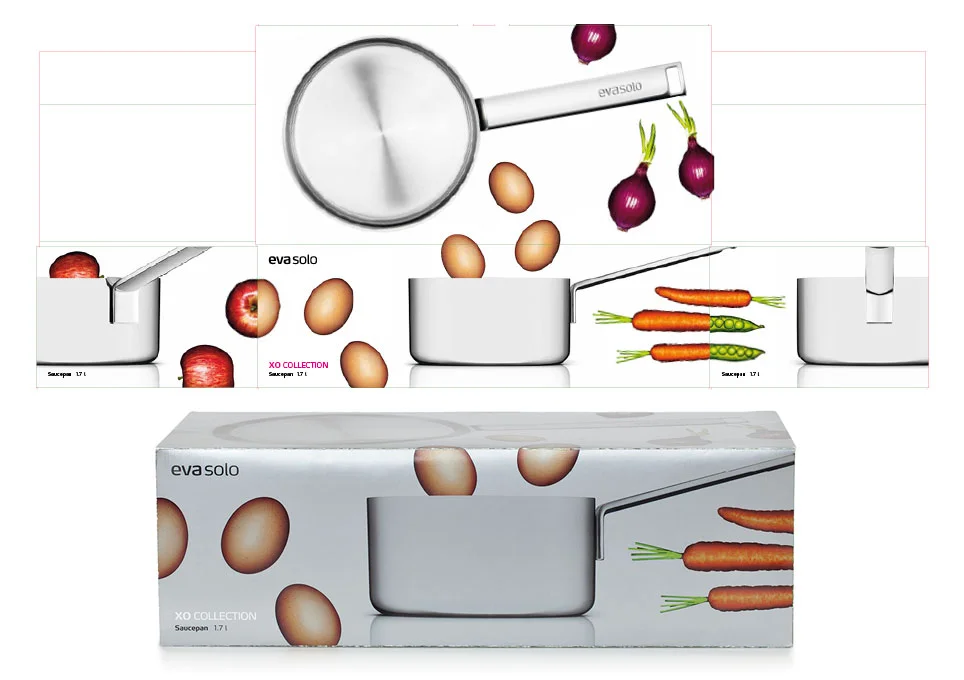 The packaging unfolded showing the product and its duality Overblik over emballagen. Produktet ses og det æstetik og funktionalitet vises gennem sjove mad-kombinationer