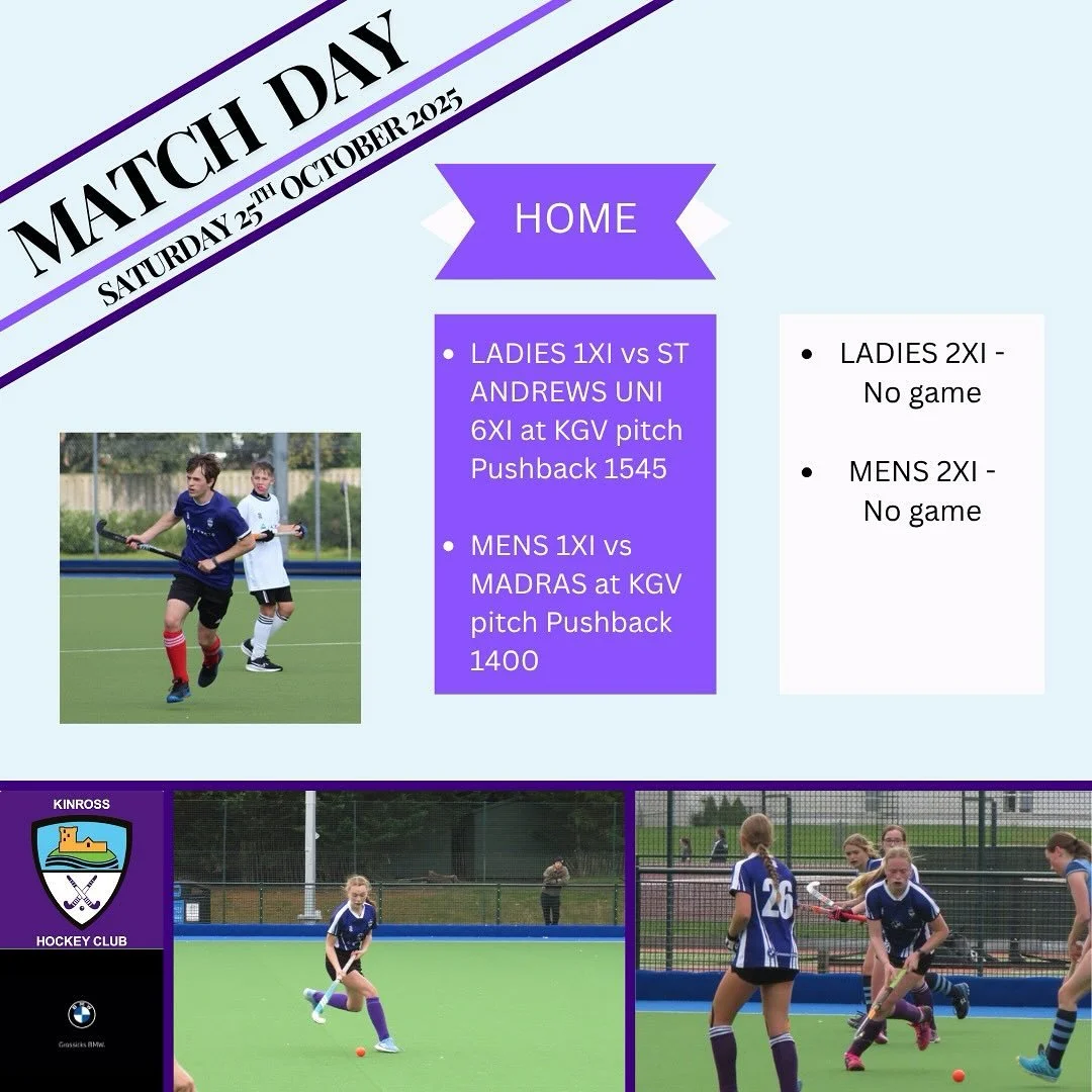 Weekend matches 25th October:

&bull; Men&rsquo;s 1XI vs Madras at HOME 1400
&bull; Ladies 1XI vs St Andrews 6XI at HOME 1545

Bit of a derby day with two matches back to back at KGV. Come on down to support! #grassicksbmw #kinrosshockey