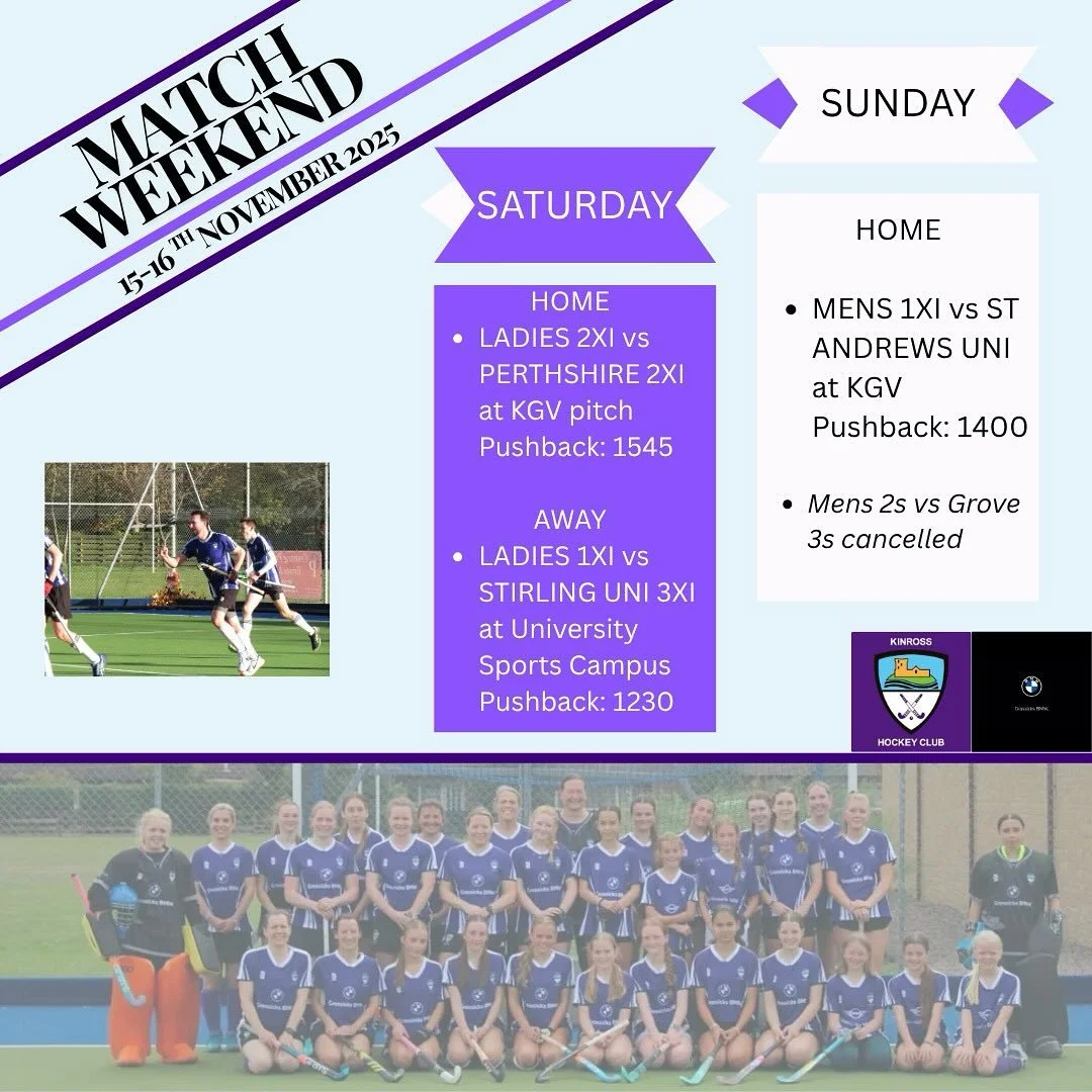 Weekend matches 15-16th Nov:

SATURDAY

&bull; Ladies 1XI AWAY vs Stirling Uni 3XI | 1230hrs 
&bull; Ladies 2XI HOME vs Perthshire 2XI | 1545hrs

SUNDAY 

&bull; Mens 1XI HOME vs St Andrews Uni | 1400hrs

Let&rsquo;s get it 💪 #kinrosshockey #grassic