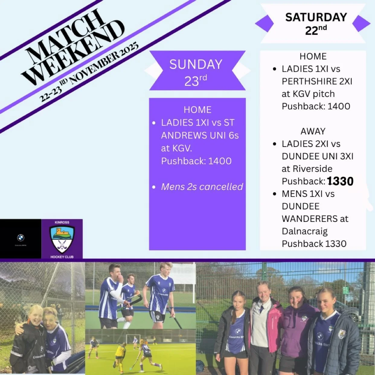 Big weekend ahead with a triple header on Saturday and a second game for the Ladies 1s on Sunday. Come on down to KGV to support them as they take on St Andrews Uni 6s. 

&bull; Mens 1s away vs Dundee Wanderers pb1330
&bull; Ladies 1s home vs Perthsh