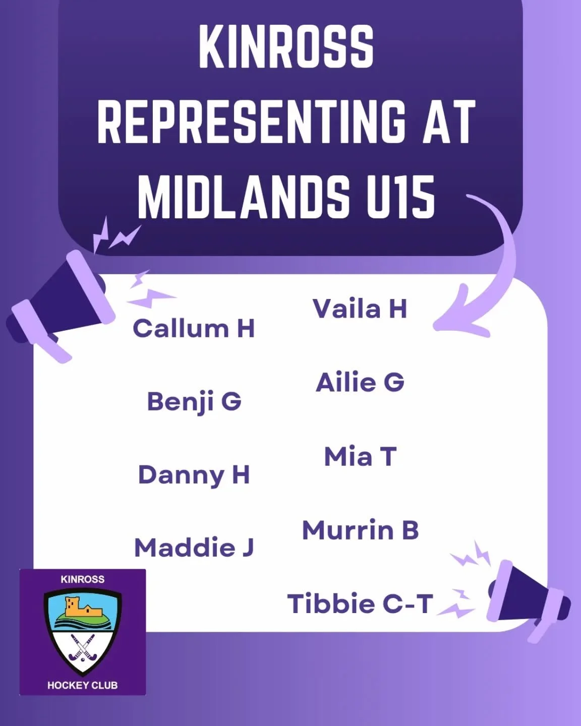 Huge congratulations and our very best wishes to all our brilliant youngsters who have been selected to represent Midlands at the U15 interdistrict tournament tomorrow, Saturday 16th May.

In the girls squad we have Maddie J, Vaila H, Ailie G, Mia T 