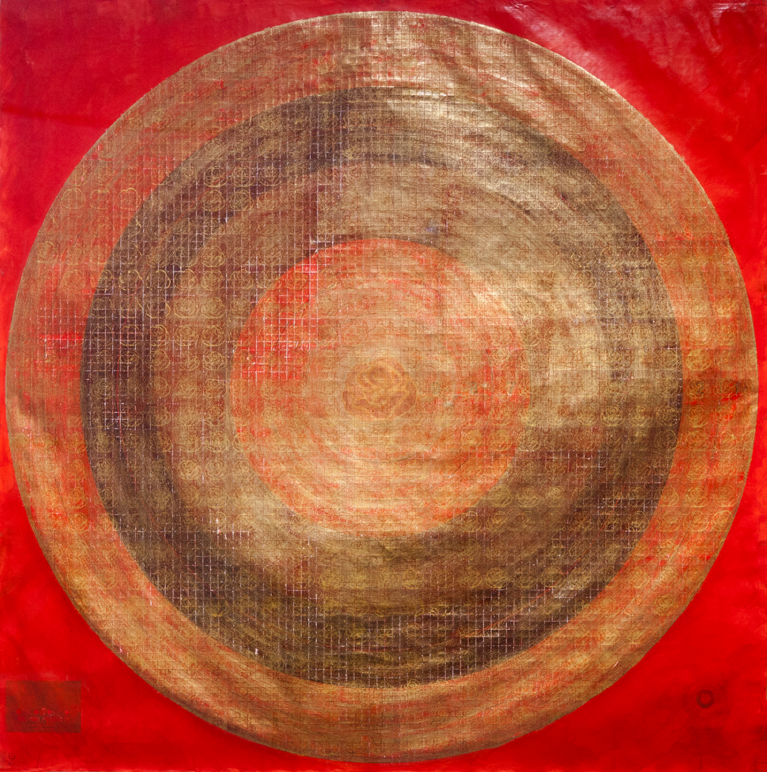   A Balancing Act of Celestial Proportions (Red/Sun) , 2013,&nbsp;Acrylic ink,&nbsp;graphite, gold leaf, woodblock stamps, needle tool, blade &amp; sandpaper on found target paper, 140 x 140 cm 