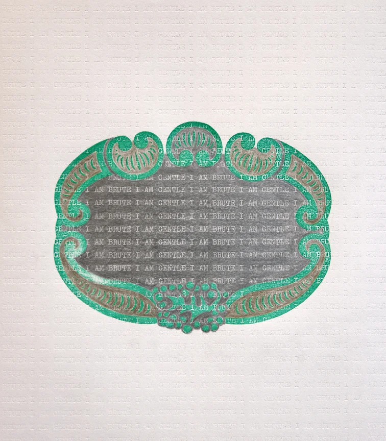 I am Brute I am Gentle: A Page from Brut Nama, 2013, Ink stamp, gold and silver pencil and type on Canson paper, 20 x 20 cm