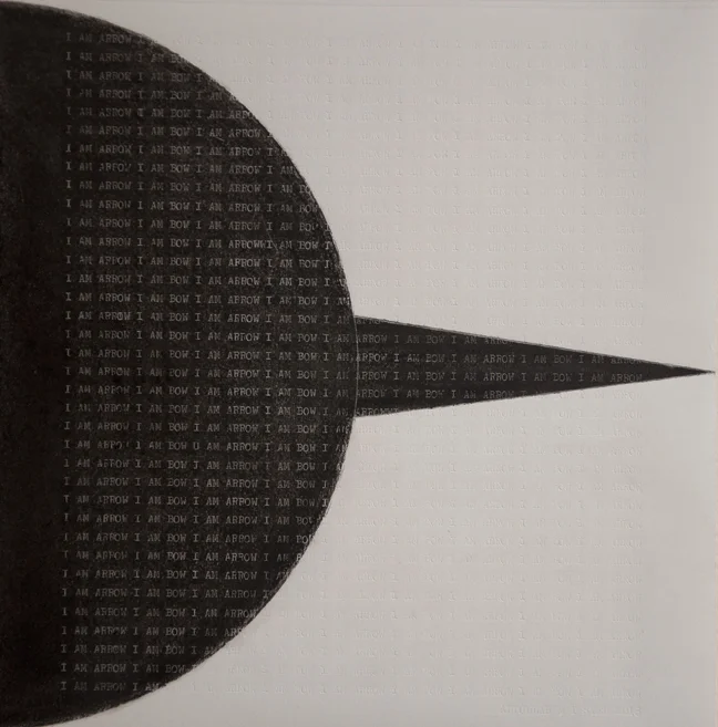   I am Arrow I am Bow: A Page from Brut Nama,  2013,&nbsp;Charcoal and type on Canson paper, 20 x 20 cm 