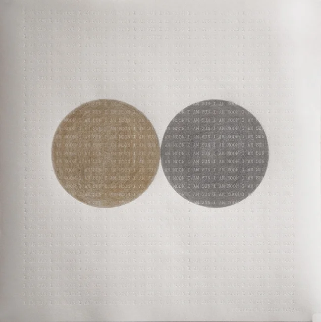   I am Sun I am Moon: A Page from Brut Nama,  2013,&nbsp;Gold and silver pencil and type on Canson paper, 20 x 20 cm 