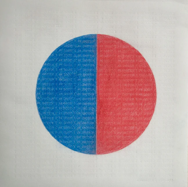 I am Logic I am Emotion: A Page from Brut Nama , 2013, Chalk pastel, coloured pencil and type on Canson paper, 20 x 20 cm