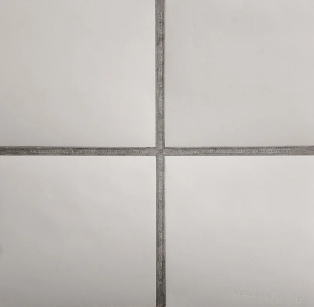   I am Horizontal I am Vertical: A Page from Brut Nama , 2013,&nbsp;Charcoal and type on Canson paper, 20 x 20 cm 