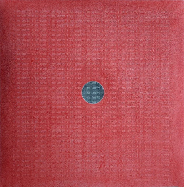   I am Quiet I am Loud: A Page from Brut Nama , 2013,&nbsp;Graphite, chalk pastel and type on Canson paper, 20 x 20 cm 