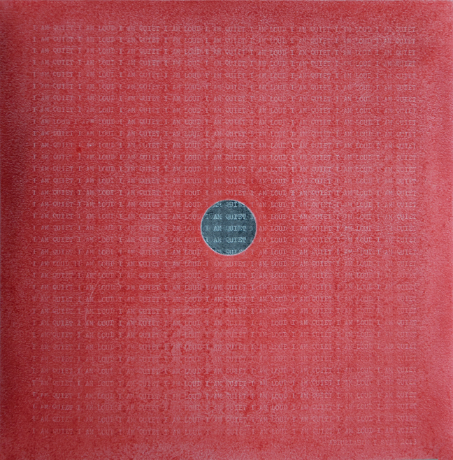 I am Quiet I am Loud: A Page from Brut Nama , 2013, Graphite, chalk pastel and type on Canson paper, 20 x 20 cm