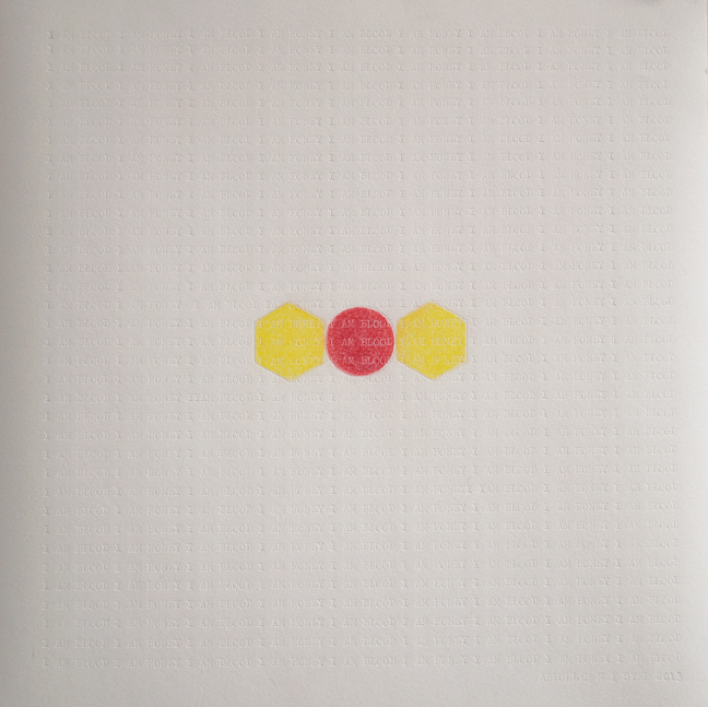   I am Honey I am Blood: A Page from Brut Nama , 2013, Chalk pastel and type on Canson paper, 20 x 20 cm 