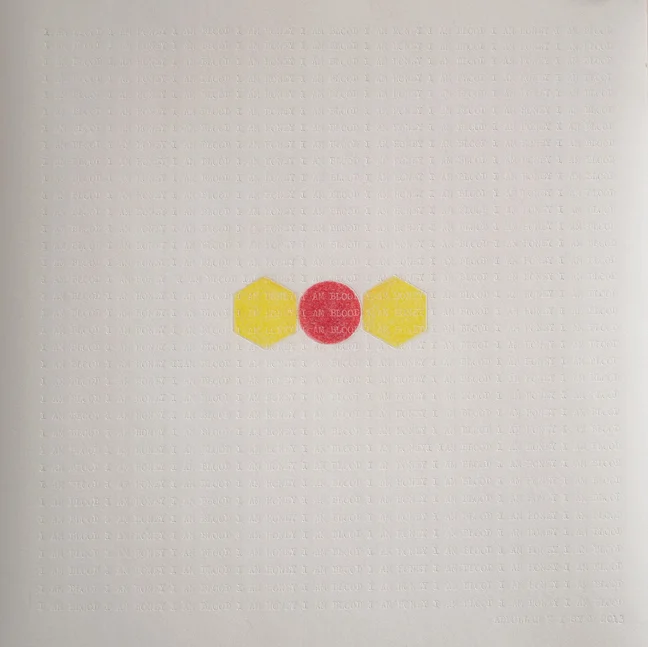 I am Honey I am Blood: A Page from Brut Nama , 2013, Chalk pastel and type on Canson paper, 20 x 20 cm