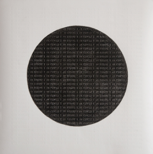   I am Circle I am Square: A Page from Brut Nama , 2013,&nbsp;Charcoal and type on Canson paper, 20 x 20 cm 