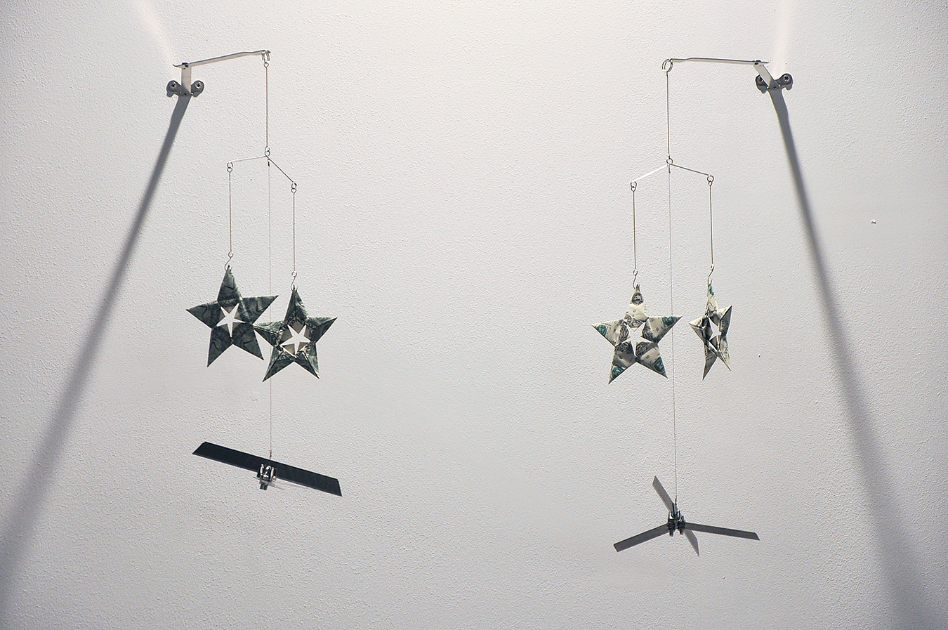   Twinkle Twinkle Little Drone  - Mobile series, Altered toy mobile, banknotes, stainless steel, plastic and metal wire, various sizes,&nbsp;Installation dimensions variable 