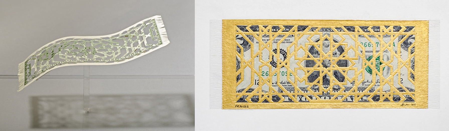   Deconstruction of the Myth of the Flying Rug , 2012 - (ongoing), diptych, Handcut currency collage on gold inked Vasli paper and US$ bill in custom Perspex vitrine, Dimenstions variable. 
