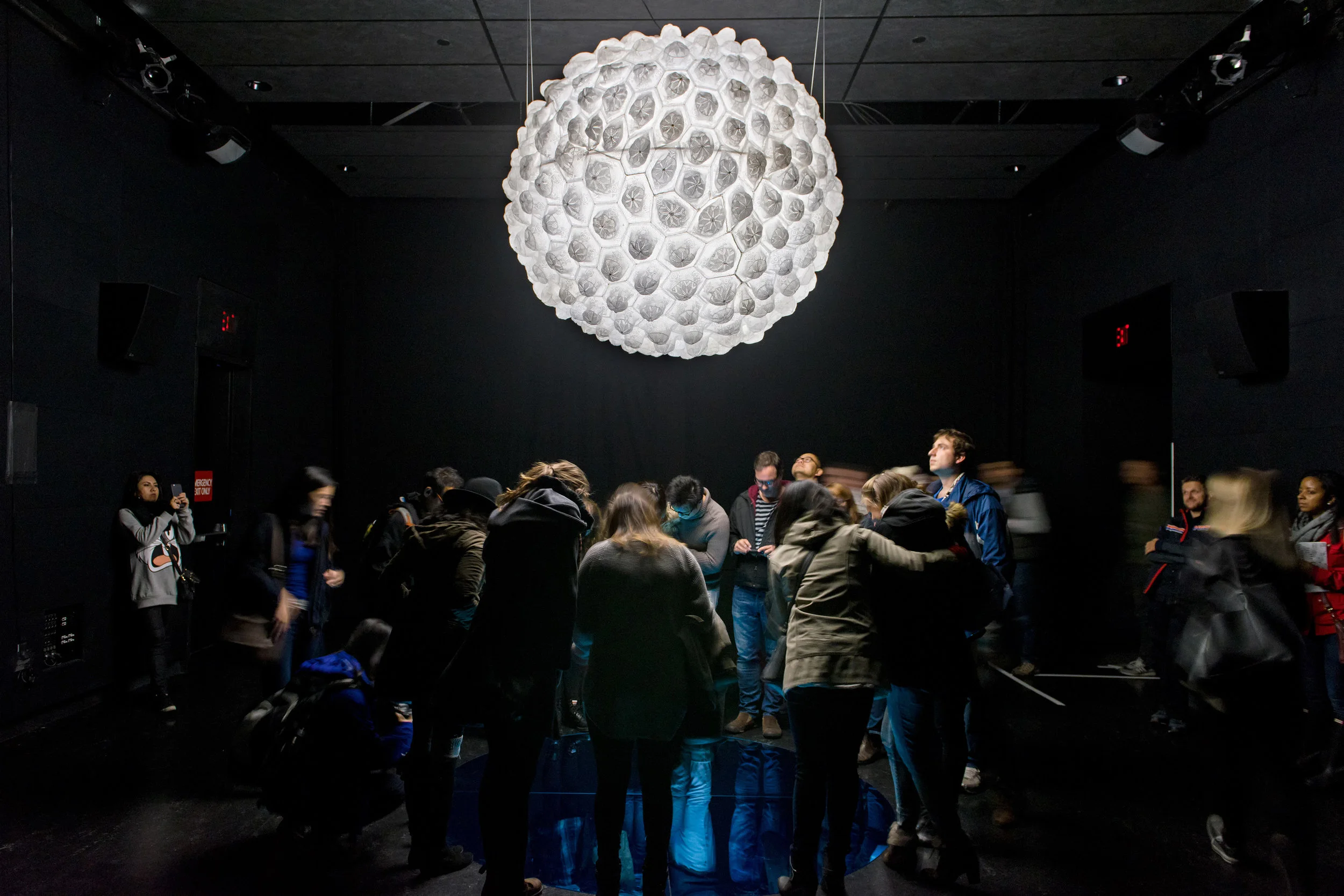 Light Upon Light (Nurun 'ala Nur) , 2015, Interactive/immersive installation, Hand-stitched white crouched taqiyah (skullcaps), LED light, Perspex dome and mirror, dimension variable