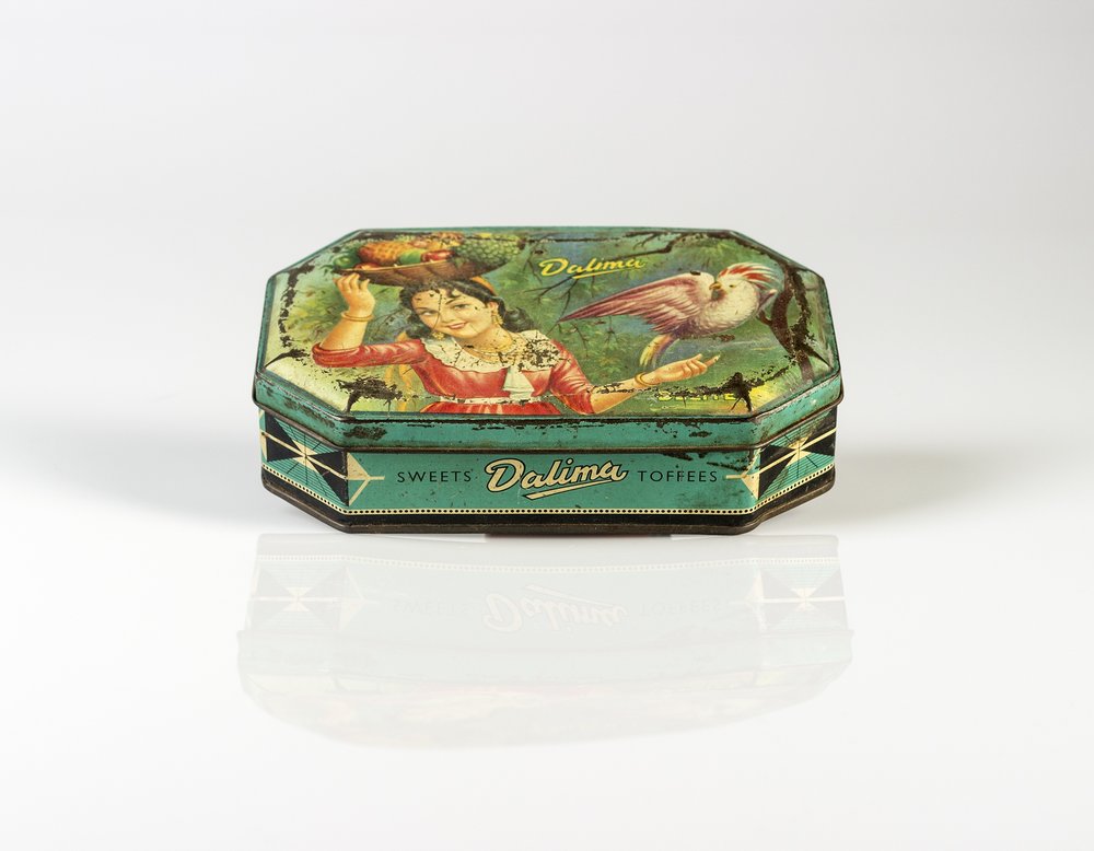   Her vintage Dalima Toffees and Sweets (girl with a fruit basket and Parrot Print Litho) tin box, where she keeps Her precious photo negatives and photographs  (Contents of her bedside drawer series),&nbsp;2016,&nbsp;Pure pigment print on Platine Ra