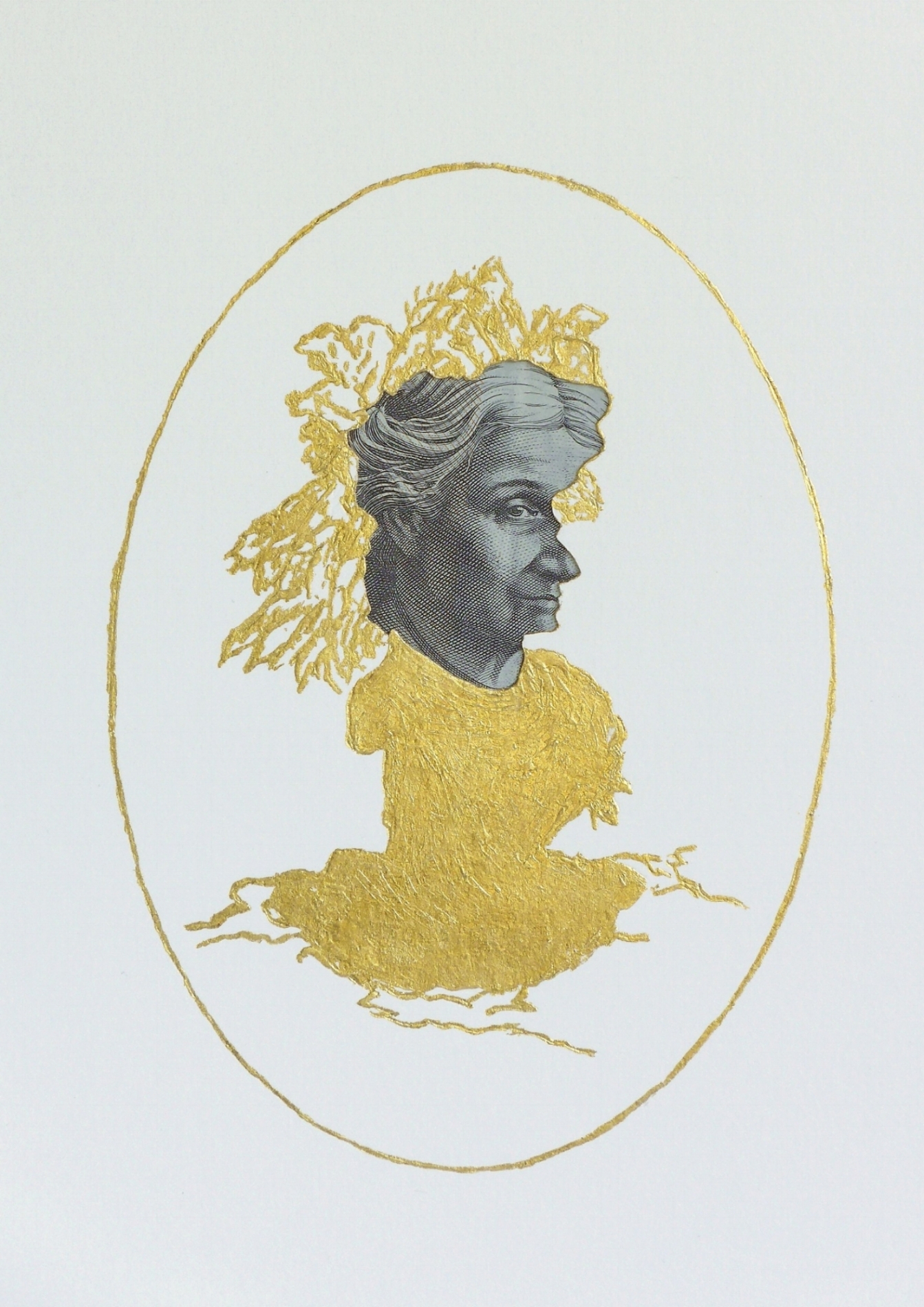   Myth of a Silhouette Portrait series , 2017, 50AUD and 24c gold leaf on hand-cut paper, 13 x 9.4 cm 
