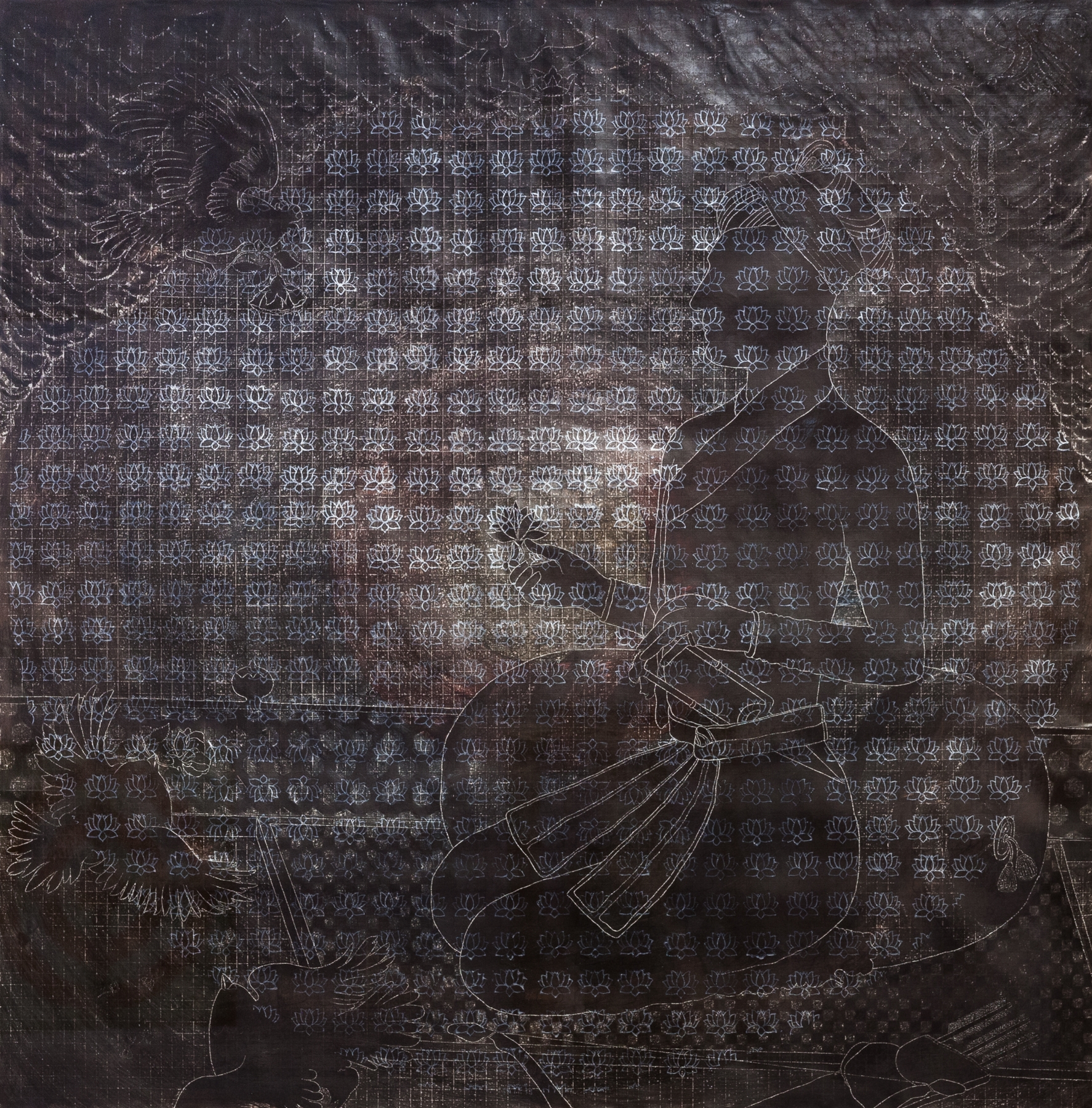 A Balancing Act of Royal Proportion (Shagird/Poet) , 2013, Acrylic ink, graphite, woodblock stamps, needle tool, blade & sandpaper on found target paper, 140 x 140 cm