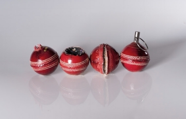   Forbidden Fruits  Series, 2012-, Hand carved leather cricket ball and metal in custom made Perspex box 