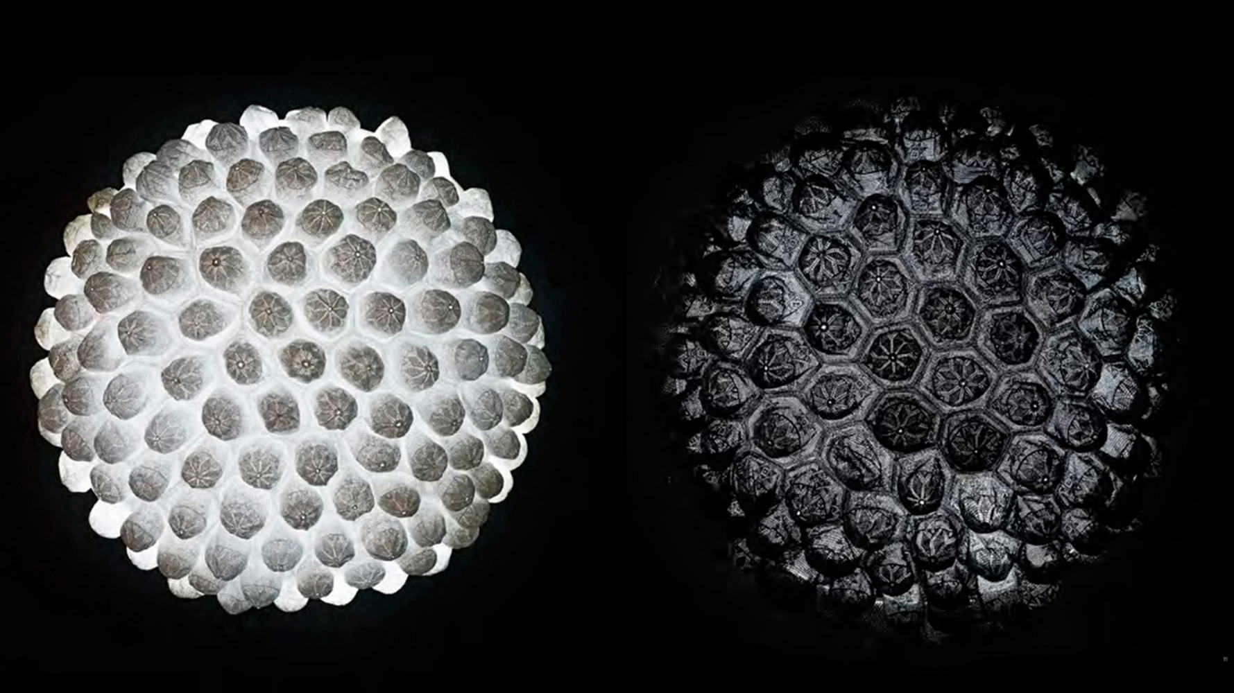   Aura I &amp; II, &nbsp;2013,&nbsp;Hand-stitched white &amp;&nbsp;black taqiyah (skullcaps), Perspex dome and LED light, 108 (Dia.) x 60 cm, also 71 (dia.) x 48 cm each. 