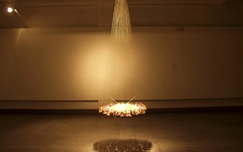 Discourse within Discourse: The Circle, 2003, Seven spices, spice dyed cheese cloth, gold zardozi thread and gold leaf, dimensions variable