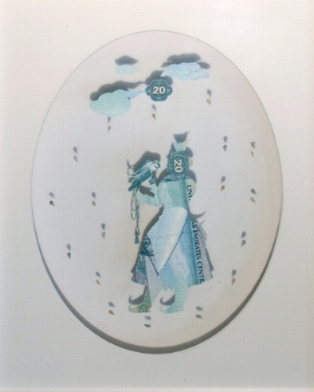Courting Falcons I (Assembly series), 2015, Hand-cut 20 Dirham UAE banknote in a shadow box, 28 x 23 cm