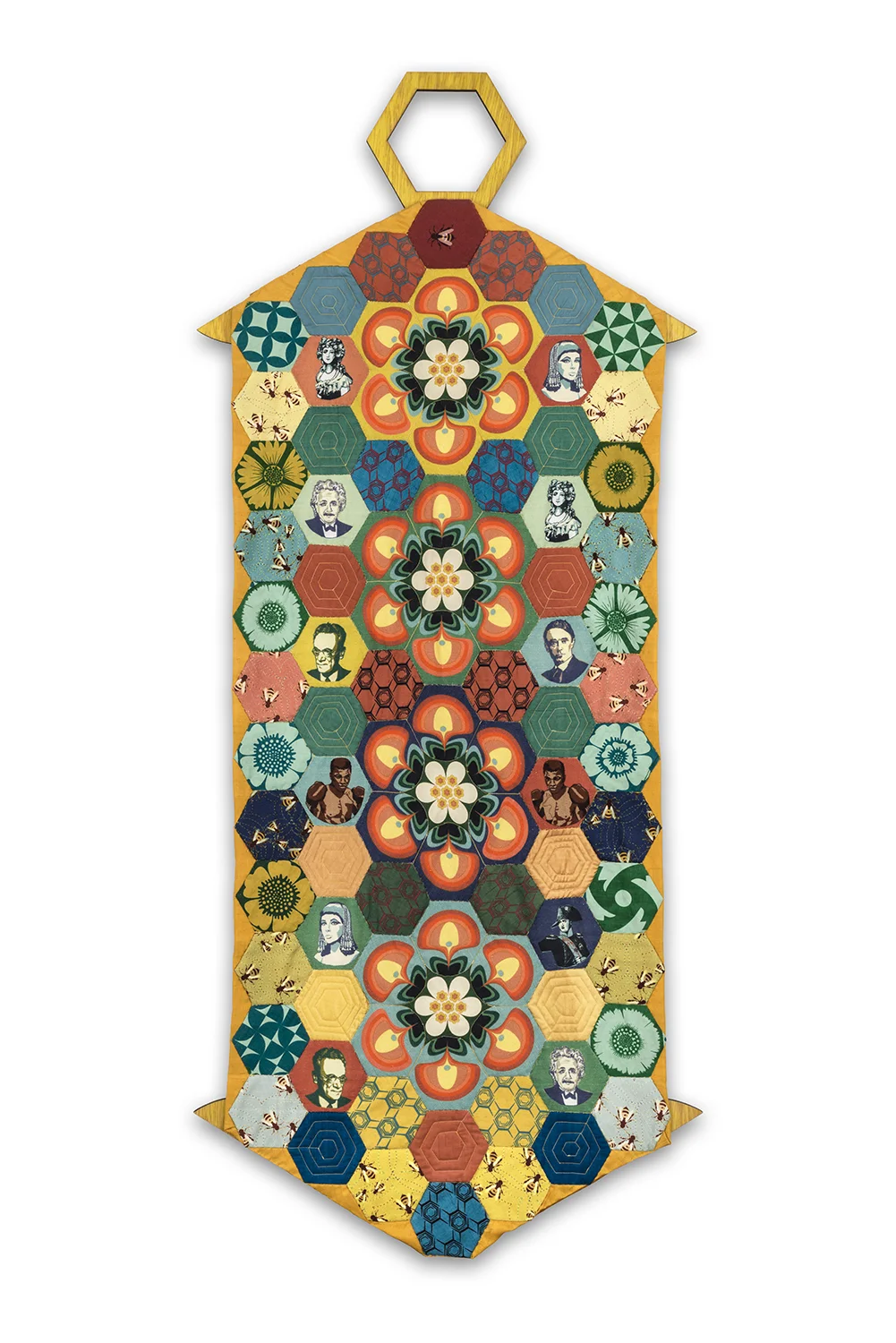 "History Repeating Itself" quilted wall hanging -handyed silk, screenprinted and digitally printed fabrics - inspired by all things related to bees