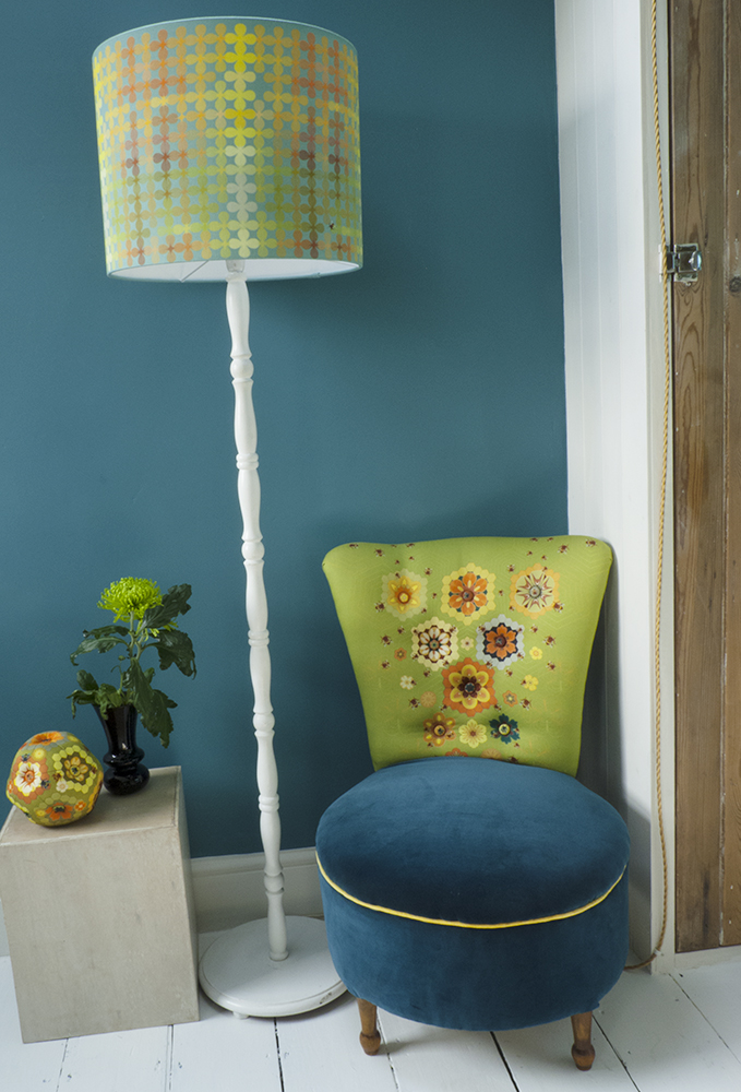 Mini Pollen lampshade in Turquoise and Queen Bee Chair upholstered by Mel Shearsmith of A Peculia Grace
