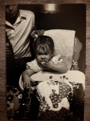 The author at her first birthday, with brother Asa, age 13.