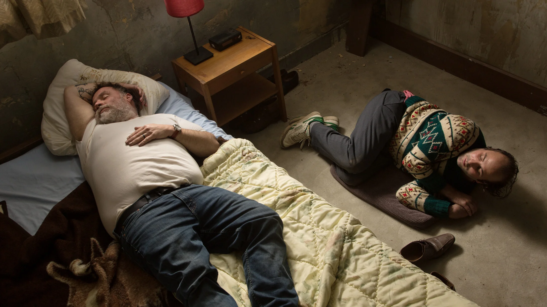Vincent Macaigne & Bouli Lanners in CHIEN directed by Samuel Benchetrit - DoP Guillaume Deffontaines. Courtesy A Single Man Productions/ UMedia