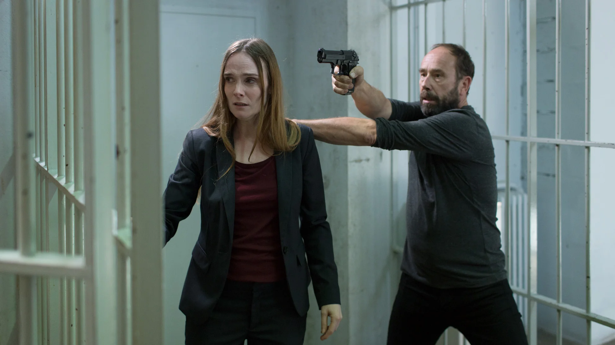 Anne-Pascale Clairembourg & Olivier Gourmet in TUEURS, directed by François Troukens & Jean-François Hensgens. DoP JF Hensgens. Courtesy VERSUS Productions
